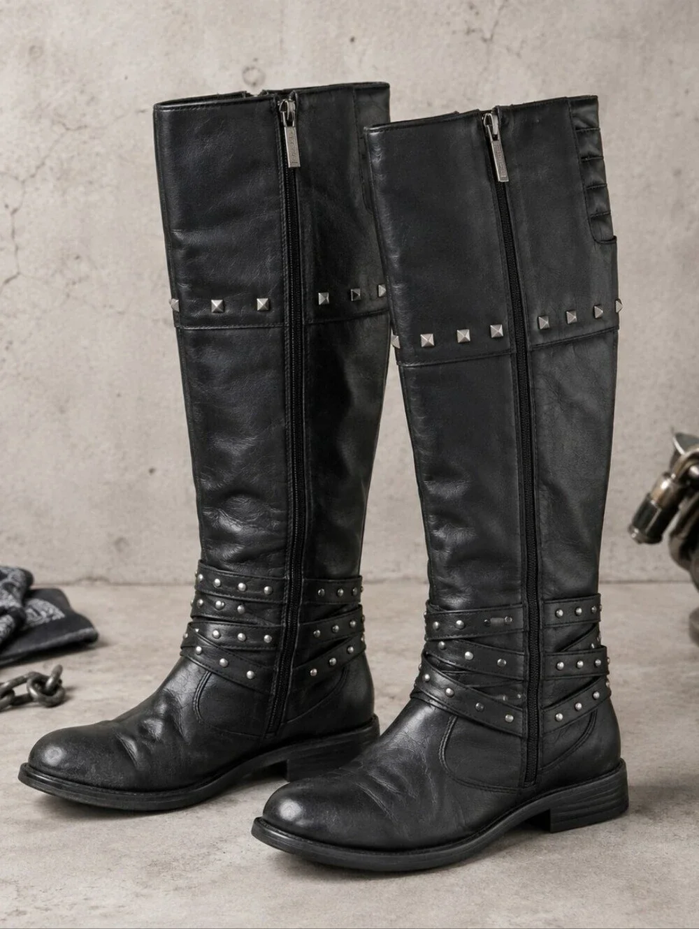 Harley-Davidson Black Leather Knee High Studded Riding Boots Size 7.5